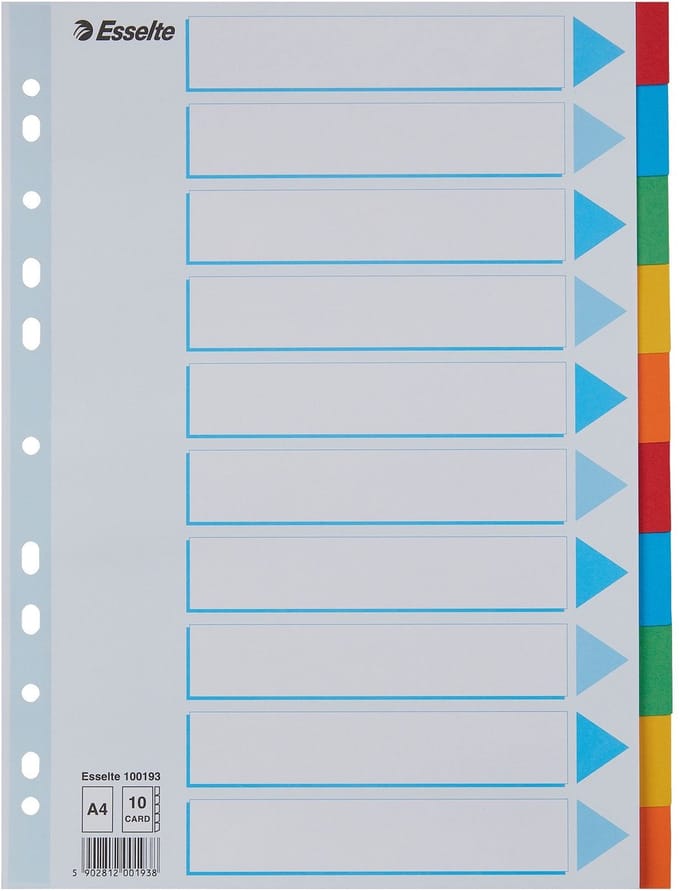 Tabbladen Esselte Standaard A4 10-delig karton 11-rings met voorblad assorti | 10 stuks