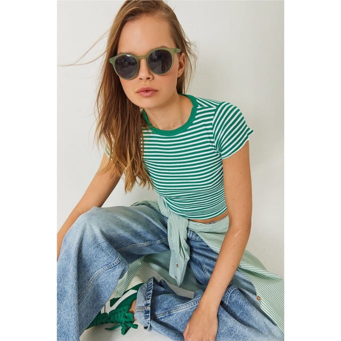 Gestreepte Geribbelde Cropped Top met Ronde Hals