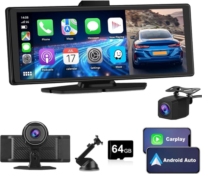 Hexinex - Draadloos CarPlay Scherm - 4K Dash Cam Carplay Android Auto - met 1080p Back-upcamera - Incl. 64GB SD