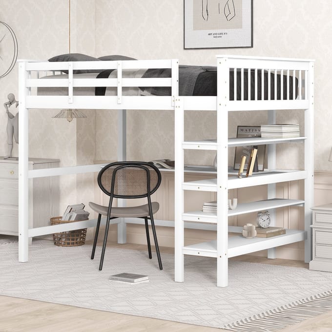 Merax Tweepersoonsbed Hoogslaper 140x200 cm - Bed met Bureau en Opbergruimte - Wit