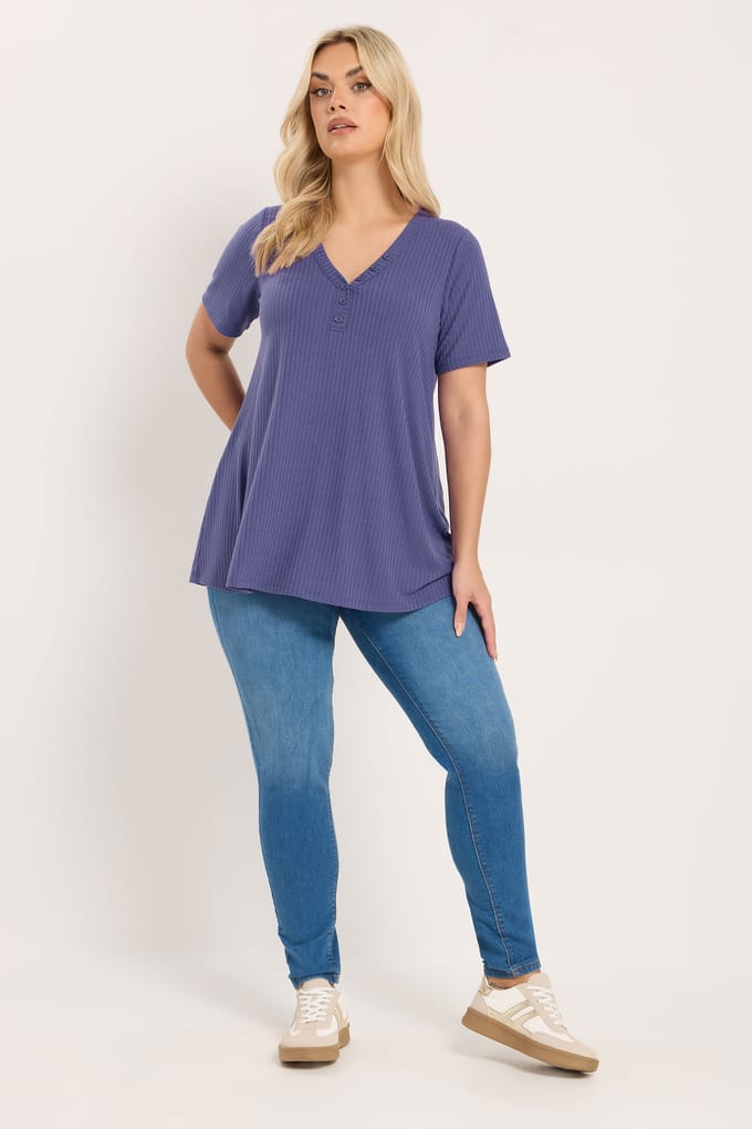 Yours Paars Henley Tshirt Met Korte Mouwen Size 50-52