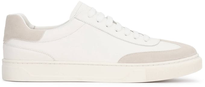 Men's white leather sneakers with grey suede accents