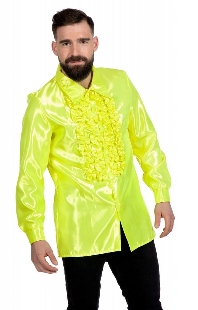 Ruchesblouse satijn neon geel - Maat 60