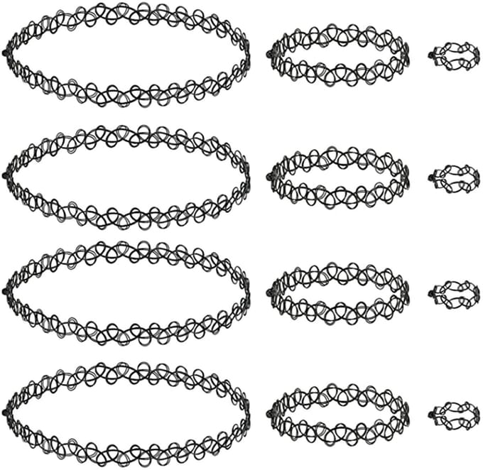 ketting set, 12 stuks elastische choker choker ketting armband ring voor dames - zwart