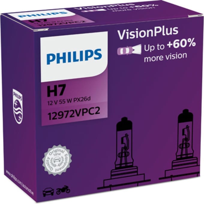 Lamp Halogeen PHILIPS H7 VisionPlus Plus 60% 12V/55W, 2 Stuk