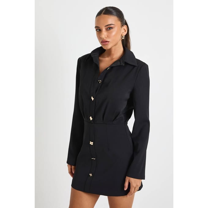 boohoo Dames Gouden Knop Getailleerd Overhemd Mini-Jurk | Zwart | Maat: 36