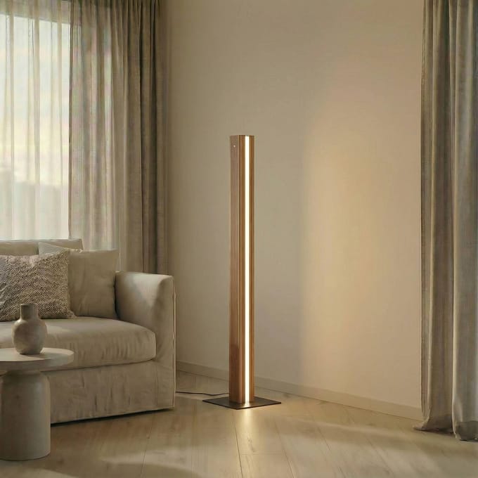 Lucande LED vloerlamp Lieske, zwart, eikenhout, dimbaar