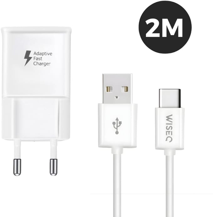WiseQ Snellader USB C - Geschikt voor Samsung - 18W Fast Charger - Inclusief USB C Kabel 2 Meter - Wit