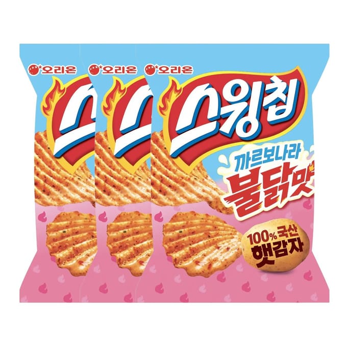 Orion Swing Chips Carbonara Buldak Smaak Knapperige Aardappelchips 55g (Pakket van 3) blue