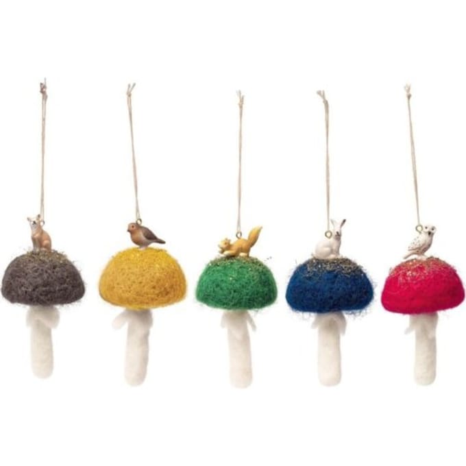 Kerst hanger paddenstoel met winterdieren 6 assorti