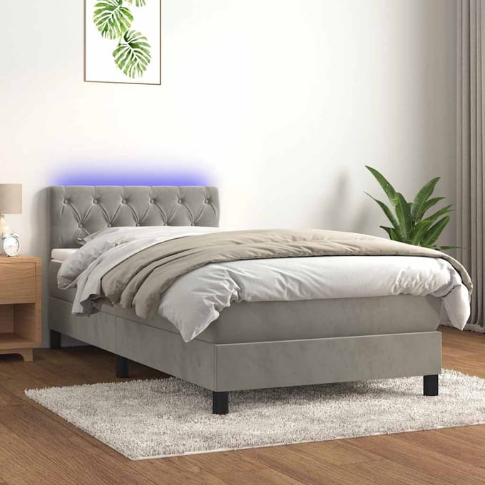 vidaXL - Boxspring - met - matras - en - LED - fluweel - lichtgrijs - 80x200 - cm