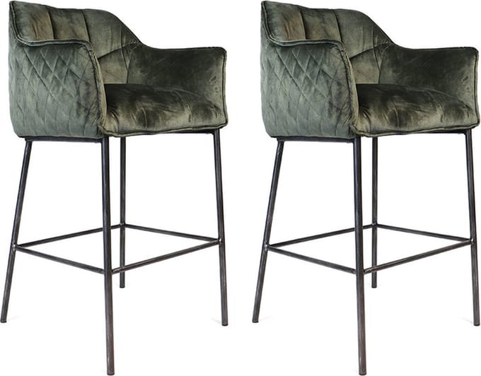 Bronx71® Velvet barkruk Jayron groen 82 cm - Barkrukken set van 2 - barstoel