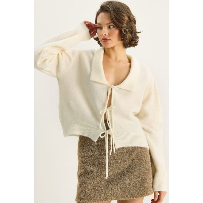 Oversized V-hals Ribbel Cardigan met Striksluiting