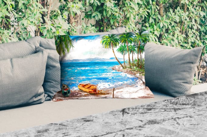 Buitenkussens - Schilderij - Olieverf - Strand - Palmboom - Boot - 60x40 cm - Weerbestendig