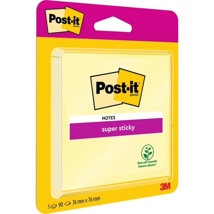 Post-it Super Sticky notes, ft 76 x 76 mm, geel, blister van 90 vel