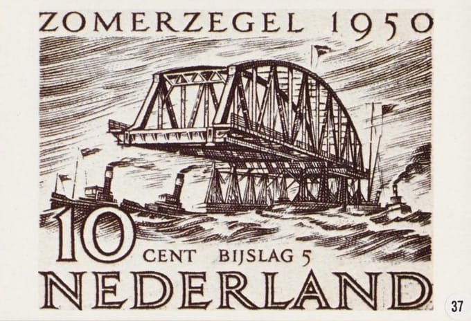 Briefkaart met afbeelding brugboog-herstel Keizersveer + Sleepboten postzegel