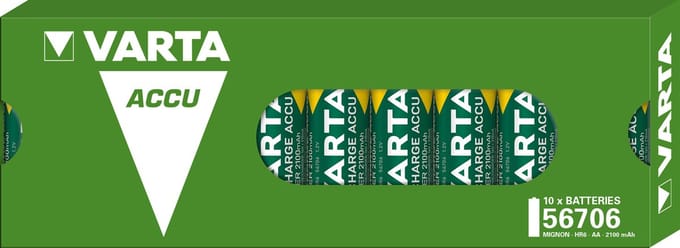 Varta Batterij NiMH, Mignon, AA, HR06, 1.2V/2100mAh Accuvoeding, Voorgeladen, Doos (10-Pack)