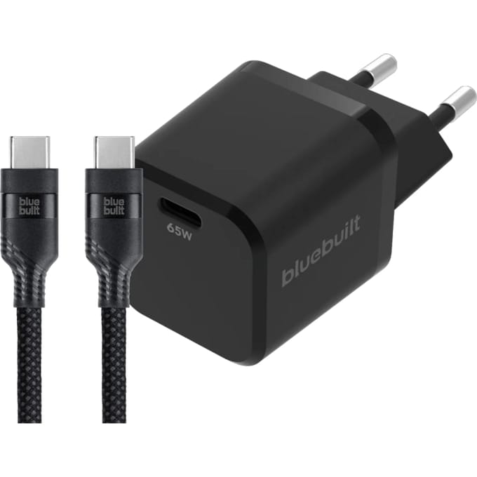 BlueBuilt 65W GaN Usb C Oplader Zwart + Usb C Kabel 240W 2m Nylon Zwart