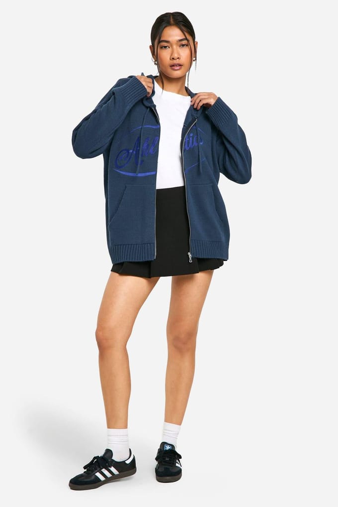 boohoo Dames Athletics Geborduurde Ritssluiting Door Overgroot Gebreide Hoodie | Navy | Maat: Medium