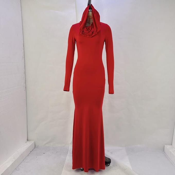 Dames Herfst Temperament Effen Kleur Slim Fit Jurk met Capuchon en Lange Mouwen L rood