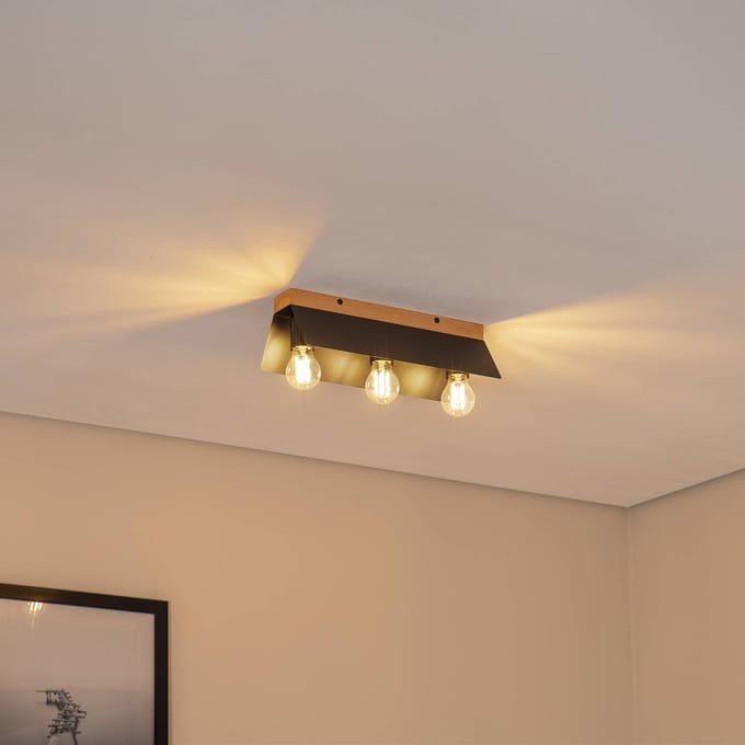 Lamkur Esme plafondlamp, zwart, lengte 40 cm, metaal/hout, 3-lamps.
