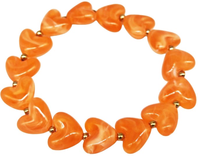 Elastische armband - RVS kralen - hartjes - oranje