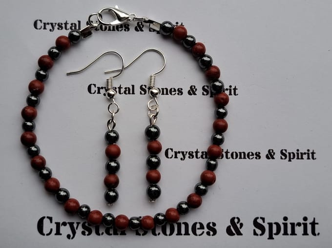 Set Jaspis Rood / Hematiet Armband en Oorbellen 4 mm hang