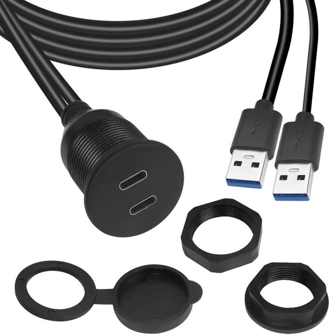 QIANRENON Dual USB C naar USB 3.0 Waterdichte Kabeladapter voor Auto, Boot, Motor