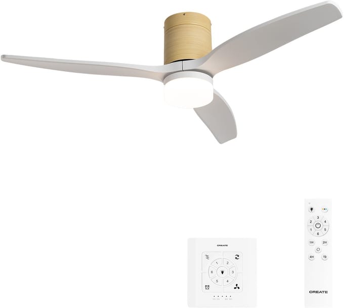 CREATE - Stille 40W plafondventilator met technische ABS bladen in verschillende maten - Met licht - Controller voor wandmontage - Licht houtlook / Wit - WIND CALM