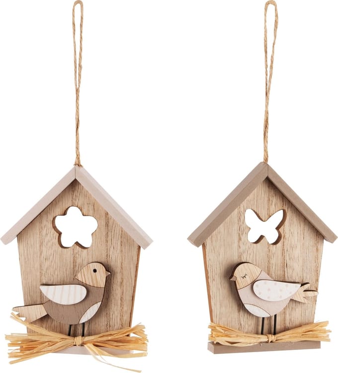 Dekoratief | Hanger huisje m/vogel, hout, 11x13x2cm, set van 2 stuks | A240516