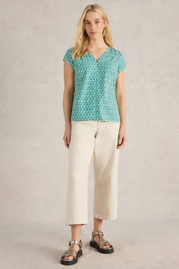 White Stuff Rae Organic Cotton Top Green Print Größe: 8 | Blusen Outlet | Damen | Grün