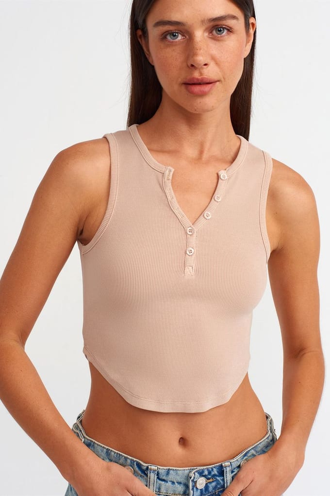 Vrouwen Geribbelde Cropped Blouse Met Knopen
