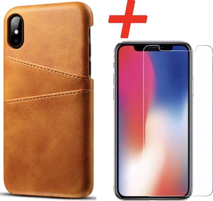 Backcover geschikt voor Apple iPhone X / XS - Bruin - PU Leer - Pasjeshouder + Glas Protector