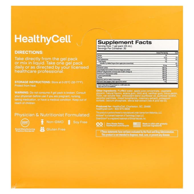 HealthyCell, Supporting Joint Health and Athletic Performance, Orange, 30 Gel Packs, 0.84 fl oz (25 ml) Each