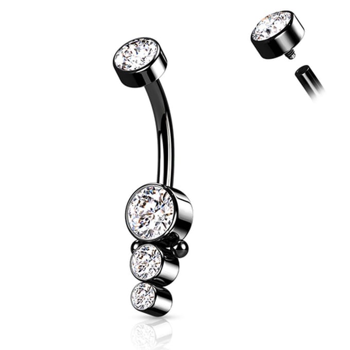 Navelpiercing PVD Triple CZ Round Cluster Dropdown - zwart - LMPiercings