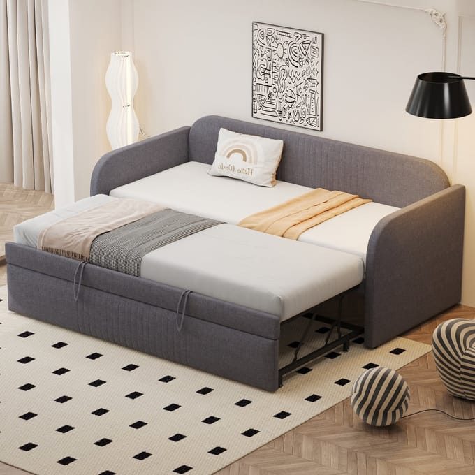 PHOEBE CAT Slaapbank - 90/180 × 190 cm - Uitschuifbaar bedframe - Linnen - Zonder matras - Grijs