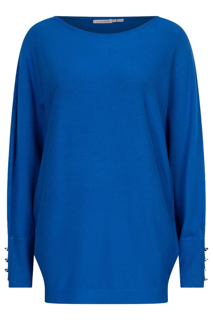 EsQualo Sweater Batwing Buttoned Cuff Basic Knit Brilliant Blue Maat: S | Sweaters Outlet | Dames | Blauw