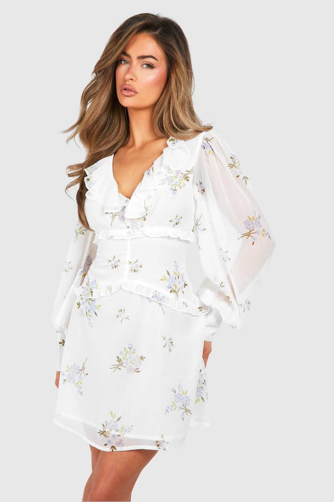 boohoo Dames Florale Chiffon Ruffle Minijurk | Bloemen | Maat: 36