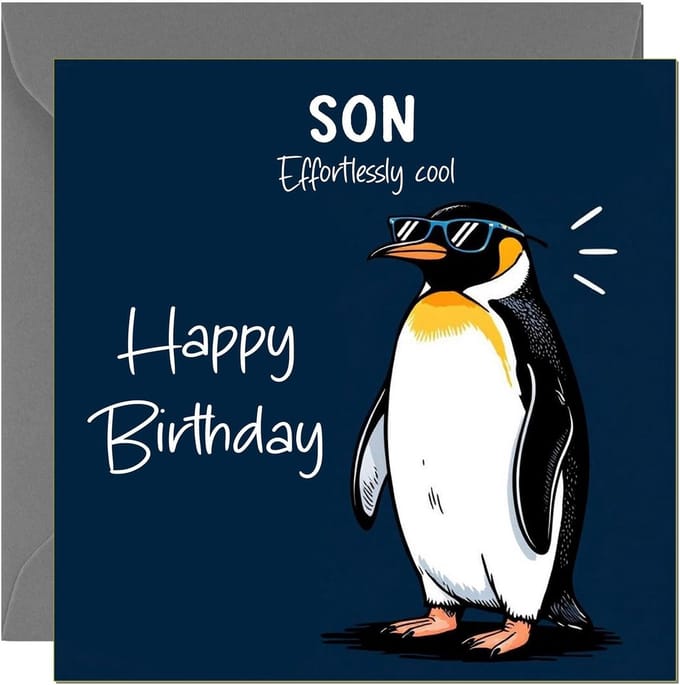 Grappige verjaardagskaart voor zoon met pinguïn