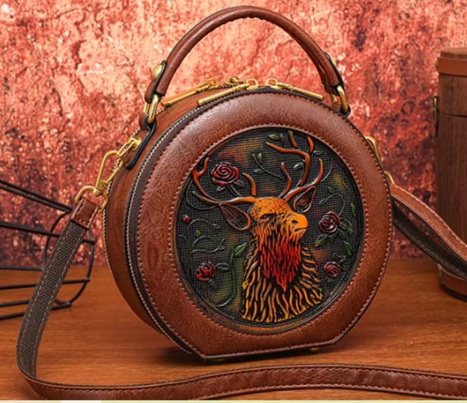 Hetty'S - Elegante - Ronde leren tas - Model met Edelhert - Maat 20 X 19 X 9 cm - Extra schouderriem