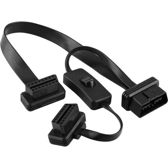 16-pins mannelijk naar dubbel vrouwelijk OBD2 splitter platte verlengkabel adapter met schakelaar black