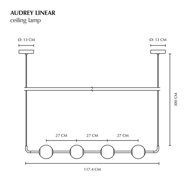 UMAGE LED hanglamp Audrey LINEAR, messing, 118 cm 4-lamps.