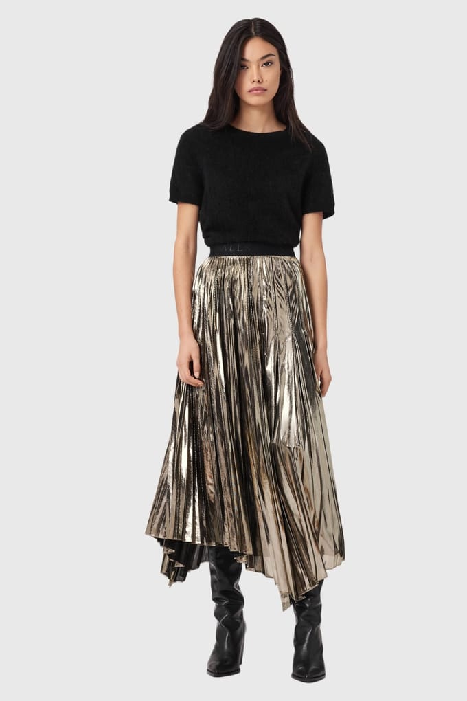 AllSaints Jax Skirt Metallic Gold Größe: 2 | Midiröcke Outlet | Damen | Gelb