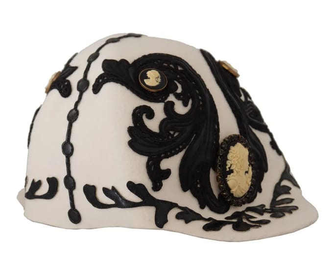 Dolce & Gabbana Witte Zwarte Wol Geborduurde Camee Broche Hoed