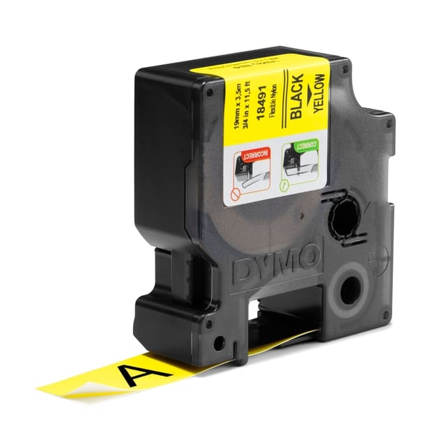 DYMO Rhino industriële Flexibele Nylon Labels | 19 mm x 3,5 m | zwarte afdruk op geel | zelfklevende labels voor Rhino & LabelManager labelprinters