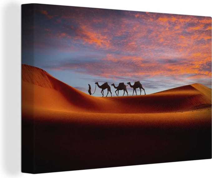 Canvas Schilderijen - Man in het Midden-Oosten met kamelen - 90x60 cm - Wanddecoratie