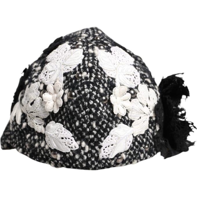 Zwart Wol Witte Bloem Versierde Cloche Hoed