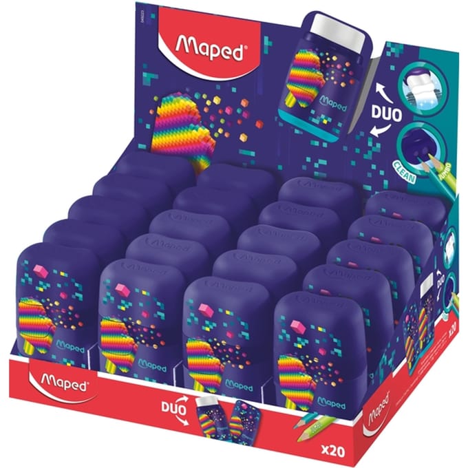 Maped Pixel Party Connect 2-Loch-Bleistiftspitzer mit Radiergummi-Display, 20 Stück