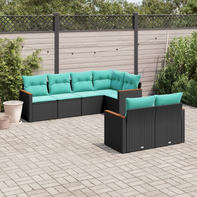 vidaXL - 7-delige - tuinbankset - met - kussens - van - zwart - polyrotan