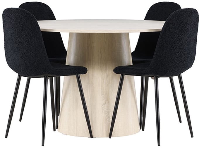 Lanzo eethoek tafel Ø120cm en 4 teddy stoelen whitewash.